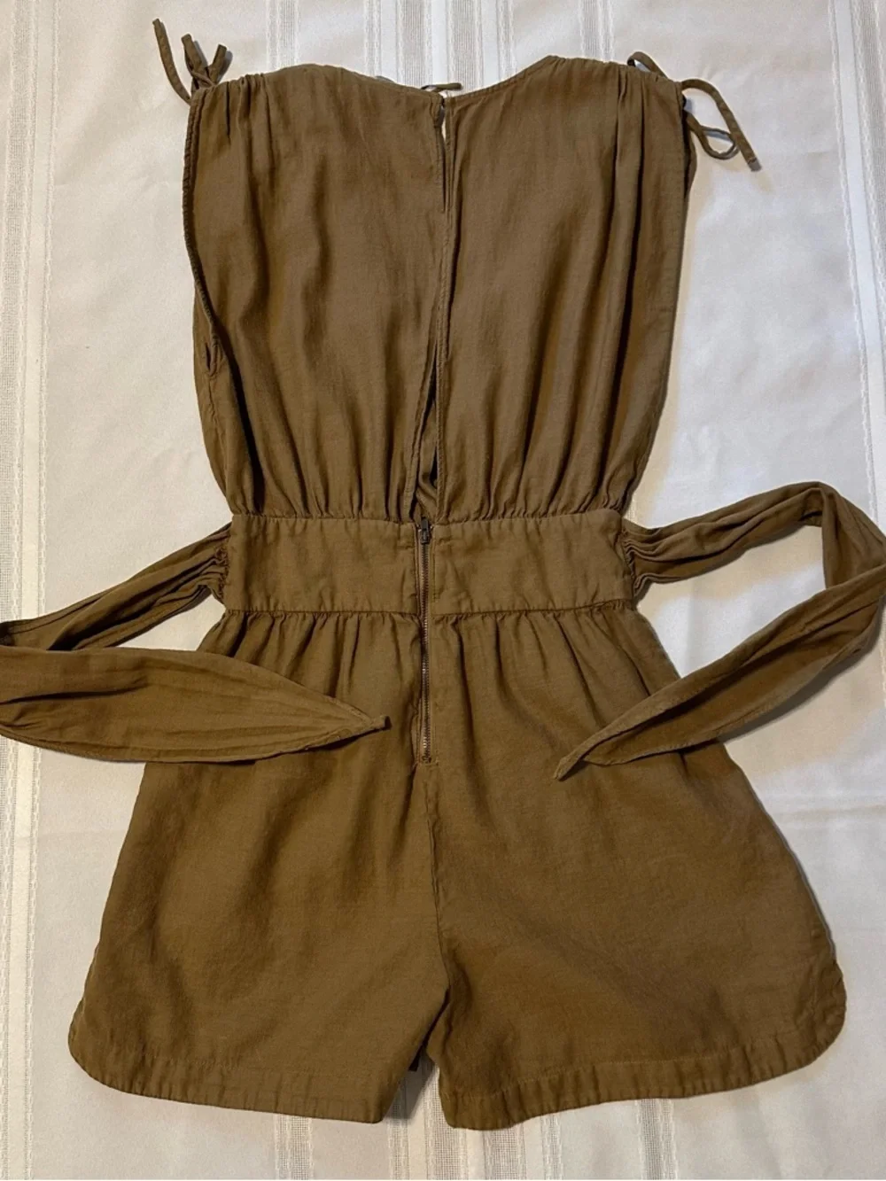 Zara Linen and Cotton Olive-Green Surplice Romper with Smocked Waist Size XS